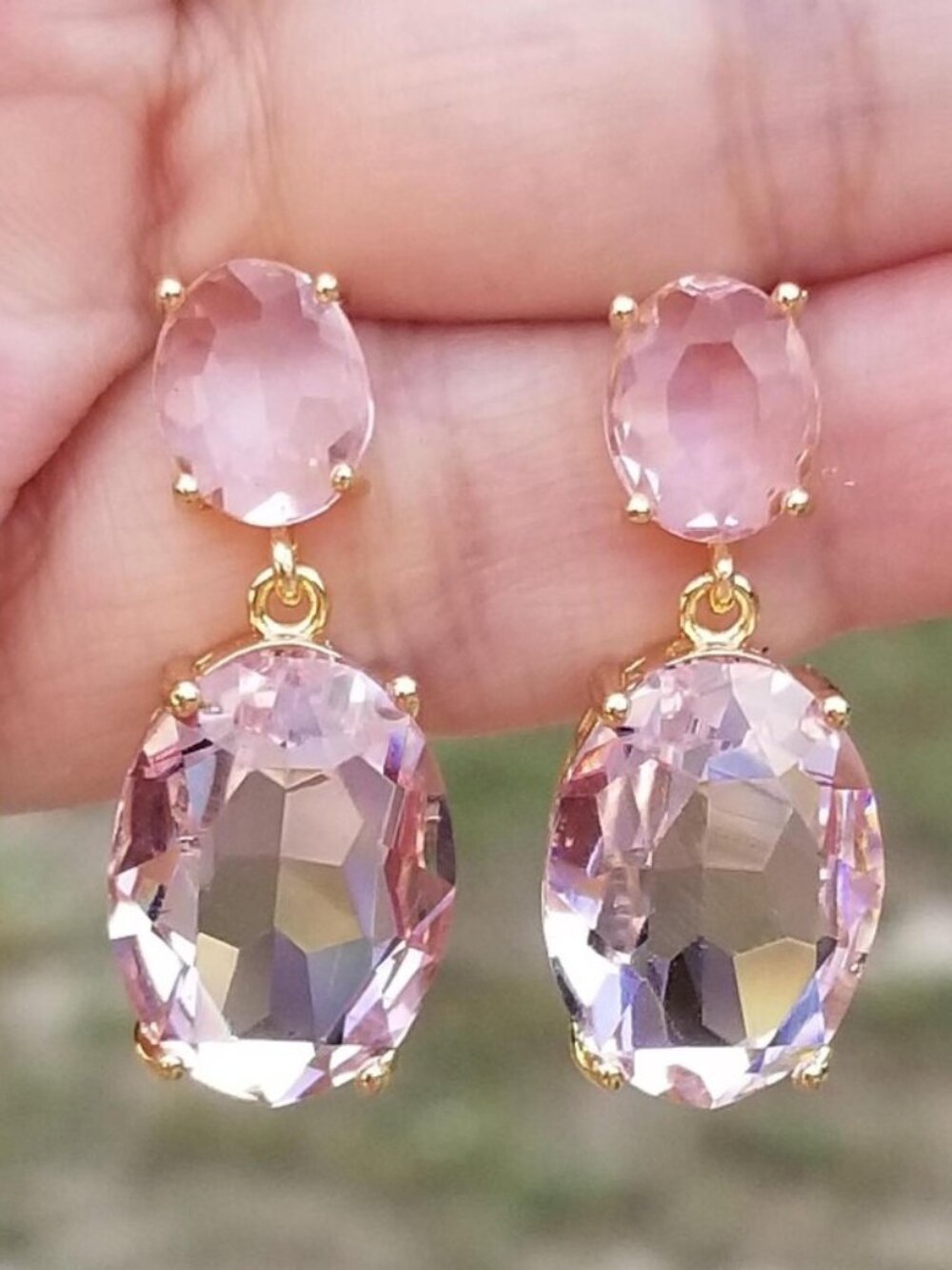 14k Gold Pink Tourmaline Stud Earrings, Large Oval Pink Tourmaline Dangle
